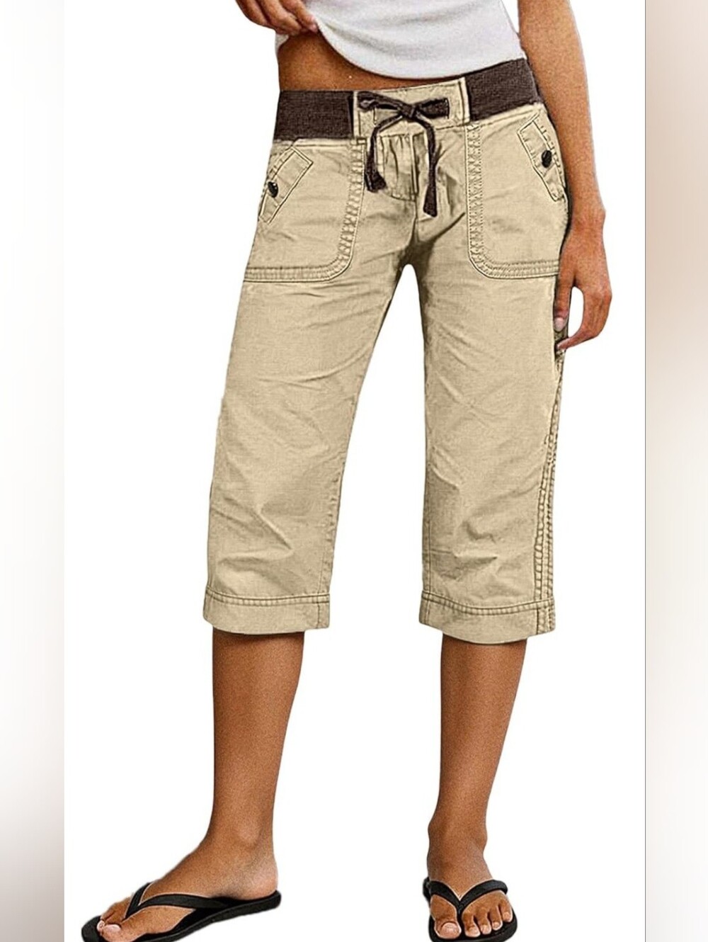 FLAMINGALS Cream Brown Drawstring Cropped Pants Capri Size Small NWT